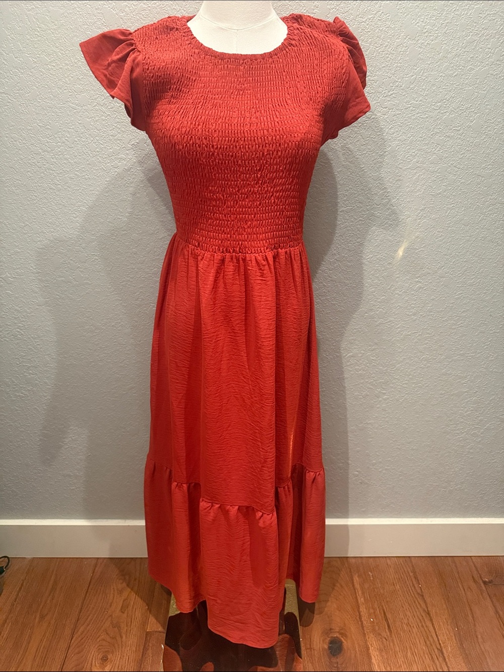 Burnt Orange Smocked Waist Midi Dress - Women